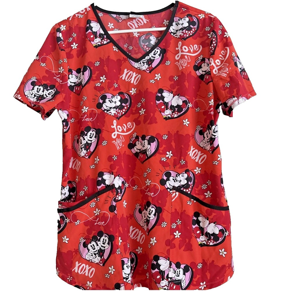 Disney Mickey Minnie Mouse‎ Valentines Scrub Top Womens XL Nurse Medical